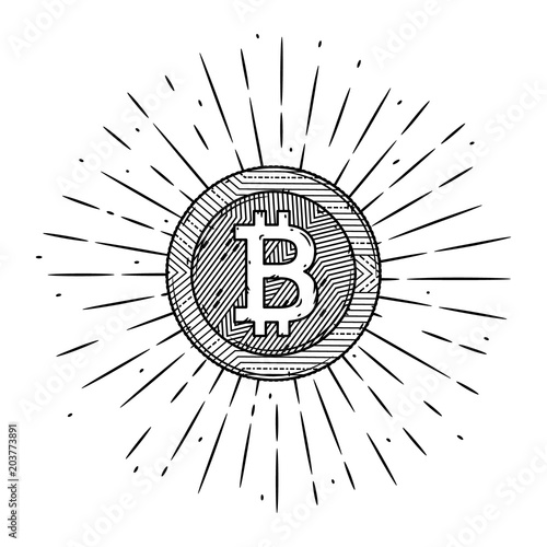 Vector illustration with bitcoin and divergent rays. Used for poster, banner, web, t-shirt print, bag print, badges, flyer, logo design and more.