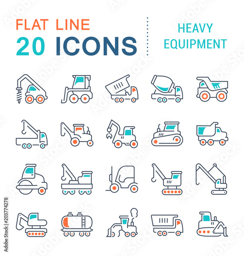 Set Vector Line Icons of Heavy Equipment.