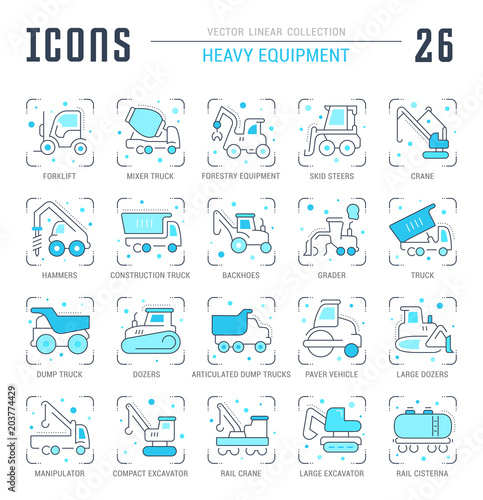 Set Blue Line Icons of Heavy Equipment.