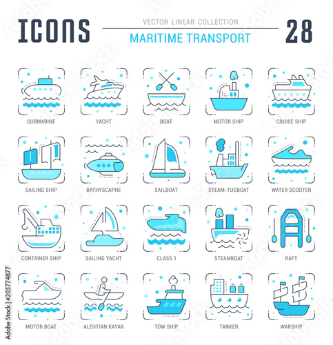 Set Blue Line Icons of Maritime Transport.