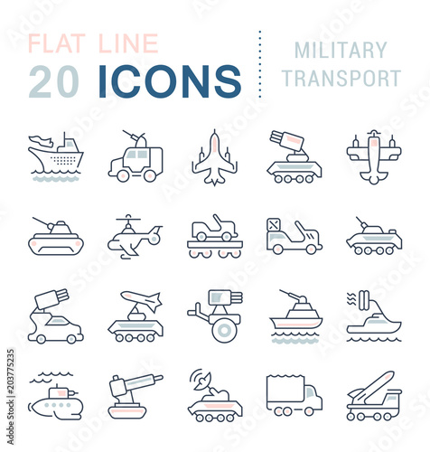 Set Vector Line Icons of Military Transport.