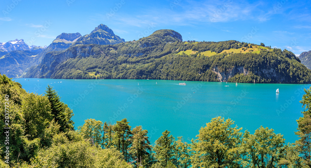 Fototapeta premium Panorama Seelisberg am Vierwalstätter See mit der Rütliwiese