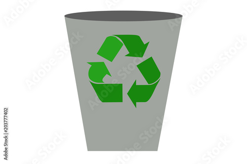 Cubo de basura gris con el símbolo de reciclaje. 