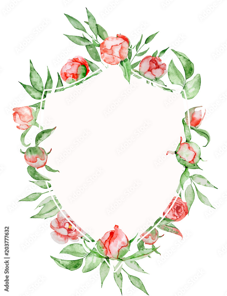 Watercolor crest Romantic frame with flowers Card template.