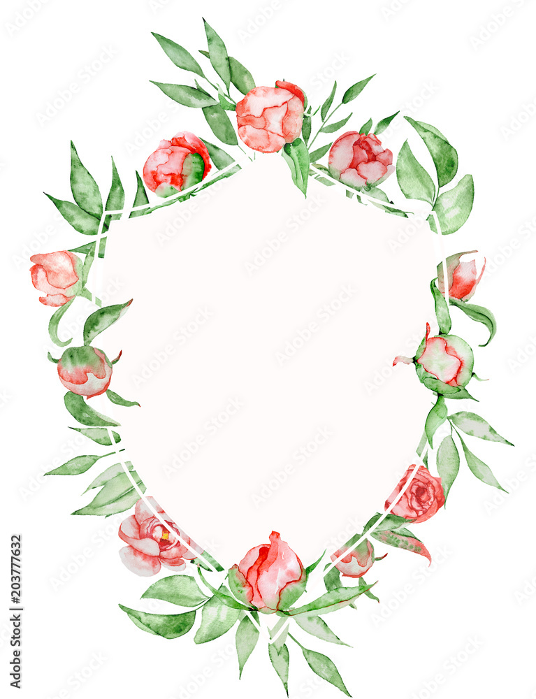 Fototapeta premium Watercolor crest Romantic frame with flowers Card template.