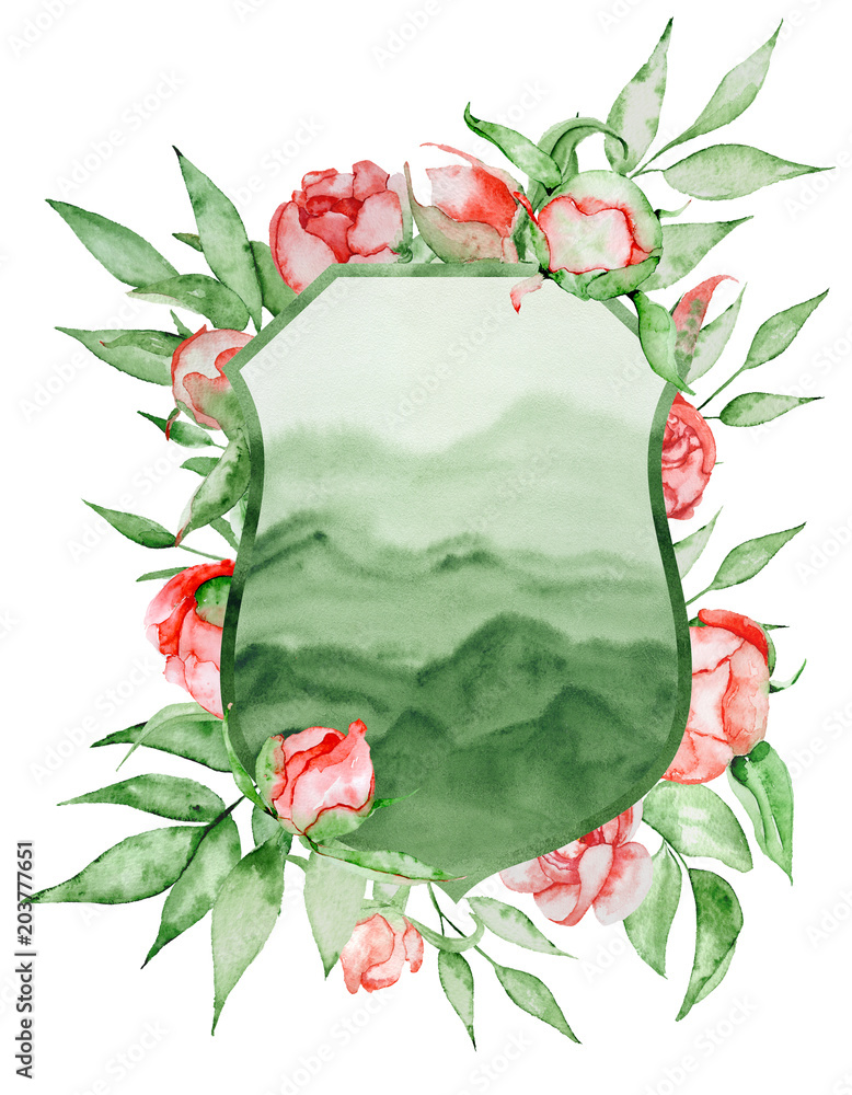 Fototapeta premium Watercolor crest Romantic frame with flowers Card template.