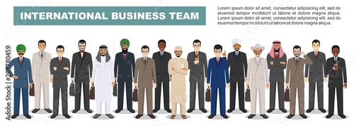 Group of businessmen standing together on white background in flat style. Business team and teamwork concept. Different nationalities and dress styles. Flat design people characters.