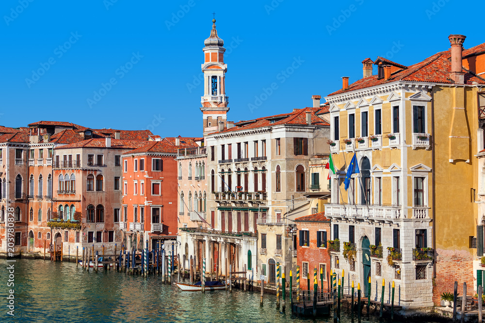Colorful houses along Grand Canal in Venice.