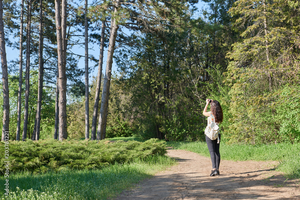 girl with camera taking pictures of nature in spring, beautiful forest and trees on a Sunny day girl with camera taking pictures of nature in spring, beautiful forest and trees on a Sunny day