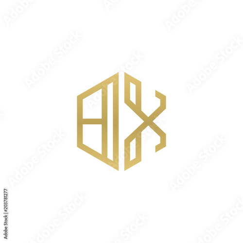 Initial letter BX, minimalist line art hexagon shape logo, gold color