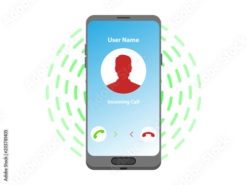 Smartphone or mobile phone ringing vector illustration, Incoming call flat cartoon cellphone call or vibrate with contact info on display, ring of phone icon