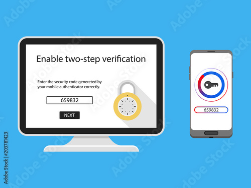 Two factor authentication with phone email security key and password login. Vector illustration muti factor authentication concept