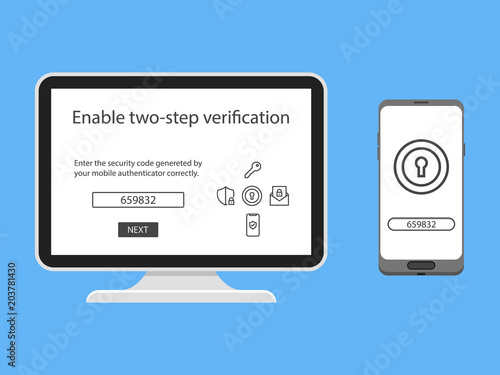 Two factor authentication with phone email security key and password login. Vector illustration muti factor authentication concept