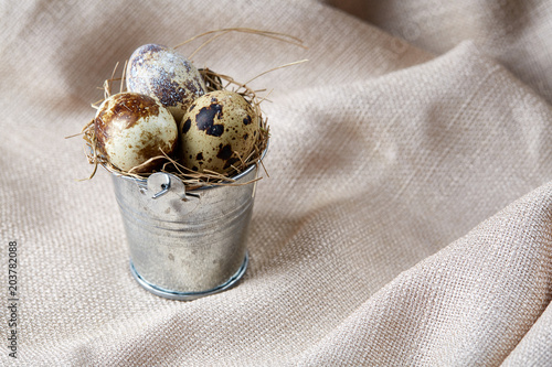 Fototapeta Naklejka Na Ścianę i Meble -  Quail eggs in a decorative bucket and some eggs on a homespun tablecloth, top view, close-up