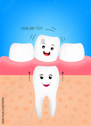 Losing baby teeth, cute cartoon character. New tooth will growing up. Dental care concept. illustration.