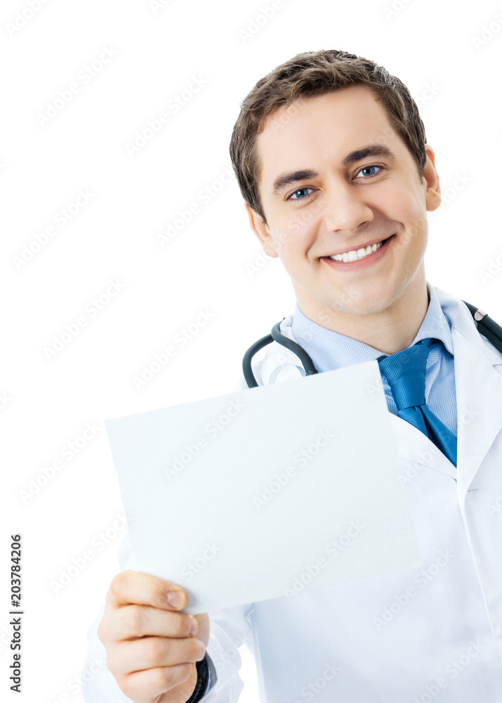 Portrait of smiling doctor with signboard, isolated Portrait of smiling doctor with signboard, isolated