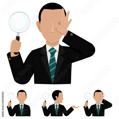Set of businessman is holding a magnifying glass on transparent background
