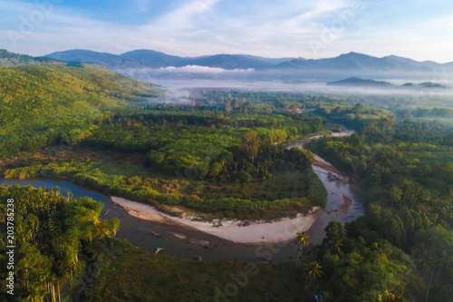 Bird eye view of river and deep rain forest in morning
