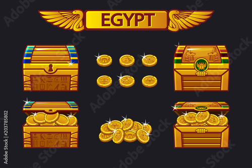Egypt antique treasure chest and golden coins