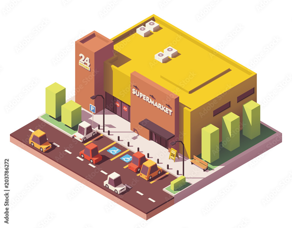 Vector isometric low poly supermarket Vector isometric low poly supermarket