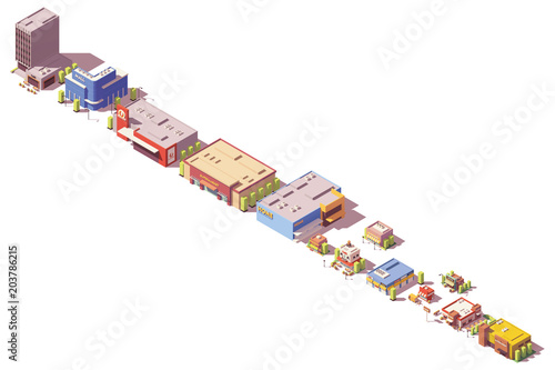Vector low poly isometric stores and restaurants