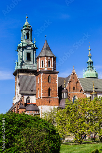 Roof towers of cathedral on Wawel castle, Cracow, Poland.