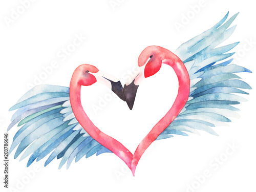 Watercolor pink flamingo couple with wings. Exotic bird. Painting print for card,  canvas. Vector illustration © natikka