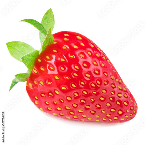 Isolated Strawberry. Fresh ripe whole strawberry fruit isolated on white background, close up image.