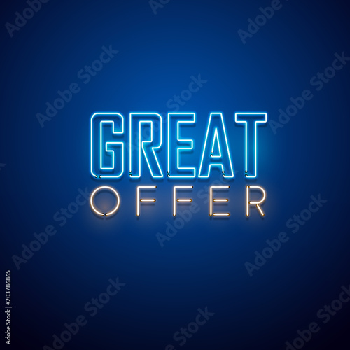 Neon sign. Great offer signage. Vector illustration.