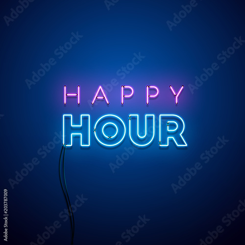 Happy hour neon sign. Vector illustration.
