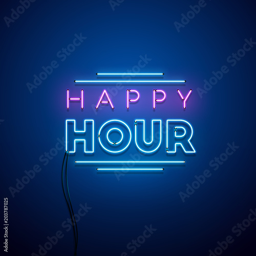 Happy hour neon sign. Vector illustration.