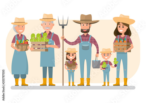 happy farmer family cartoon character in organic rural farm.