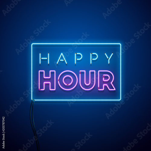 Happy hour neon sign. Vector illustration.