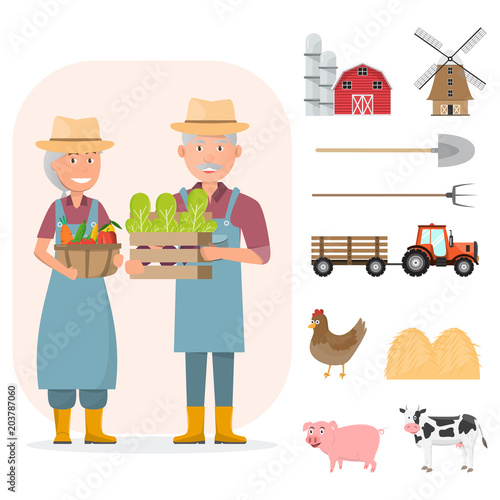 happy farmer family cartoon character in organic rural farm with farm equipment