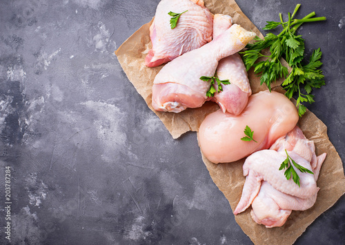 Raw chicken meat fillet, thigh, wings and legs