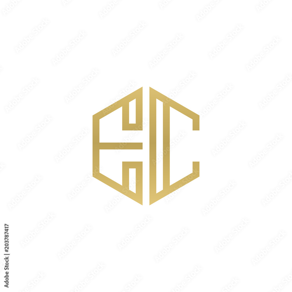 Initial letter EC, minimalist line art hexagon shape logo, gold color Initial letter EC, minimalist line art hexagon shape logo, gold color