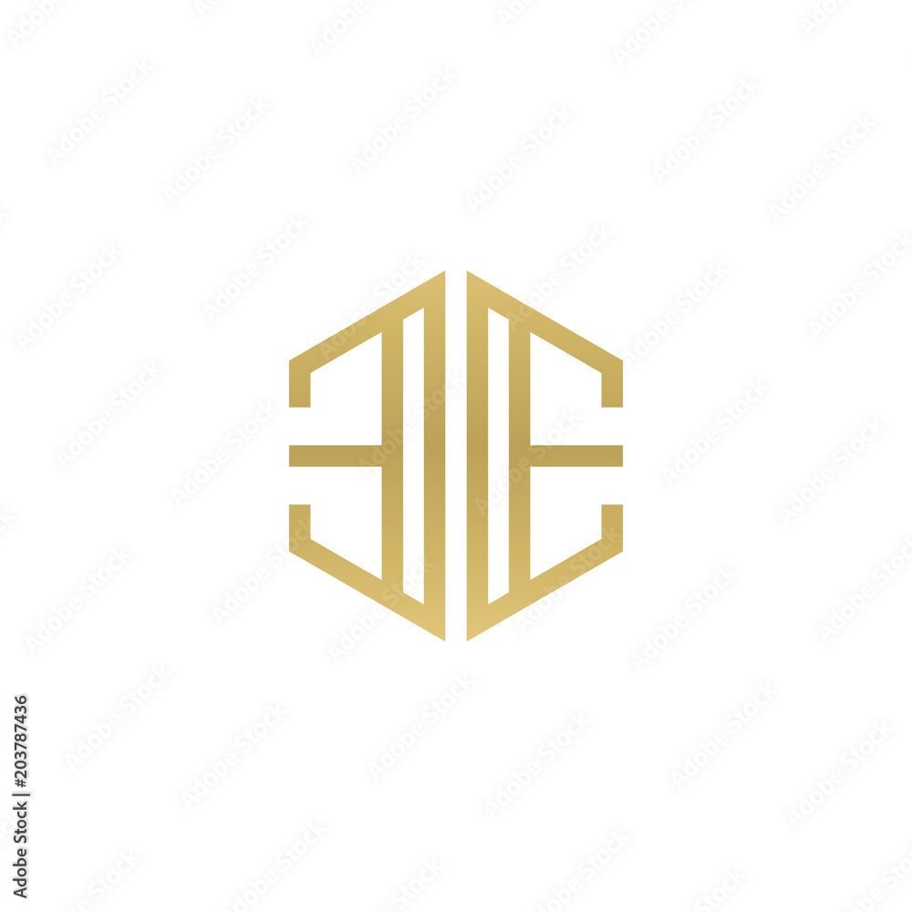 Initial letter EE mirror, minimalist line art hexagon shape logo, gold color Initial letter EE mirror, minimalist line art hexagon shape logo, gold color