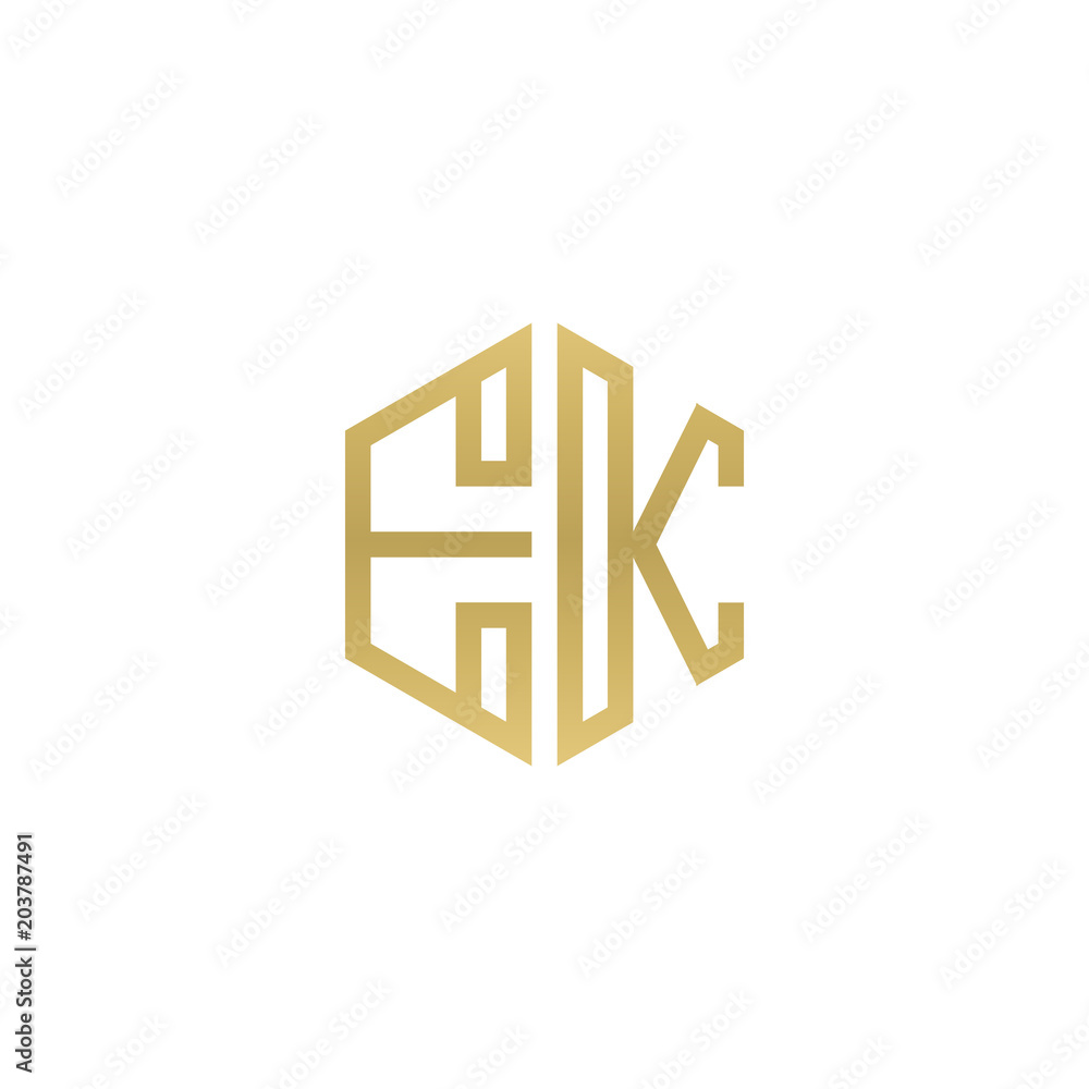 Initial letter EK, minimalist line art hexagon shape logo, gold color Initial letter EK, minimalist line art hexagon shape logo, gold color