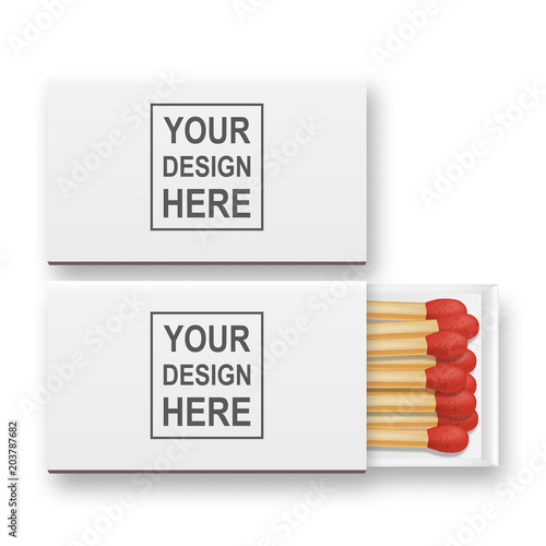Vector 3d realistic closed and opened blank box of matches icon set, closeup isolated on white background, top View. Design template, clipart for graphics