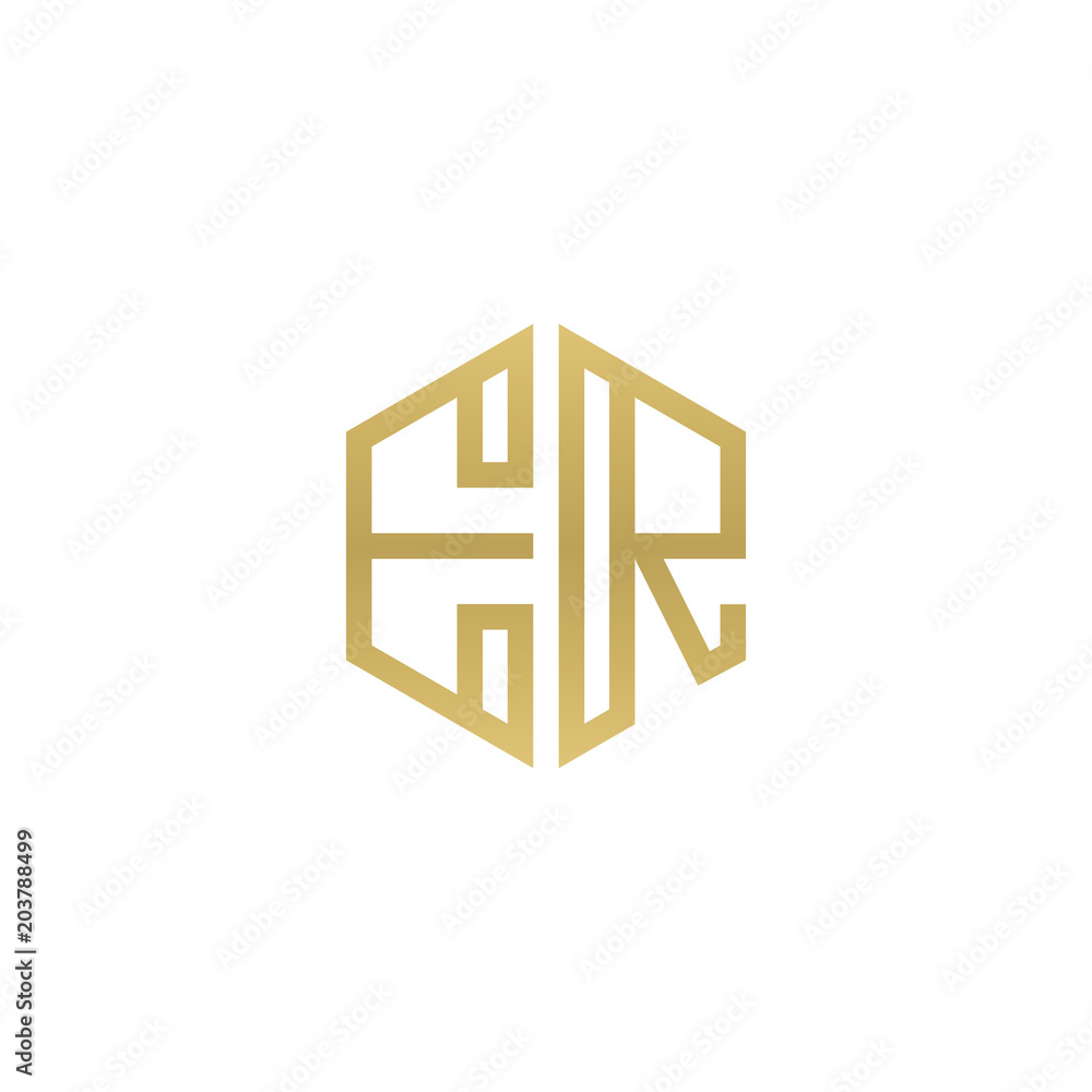 Initial letter ER, minimalist line art hexagon shape logo, gold color Initial letter ER, minimalist line art hexagon shape logo, gold color
