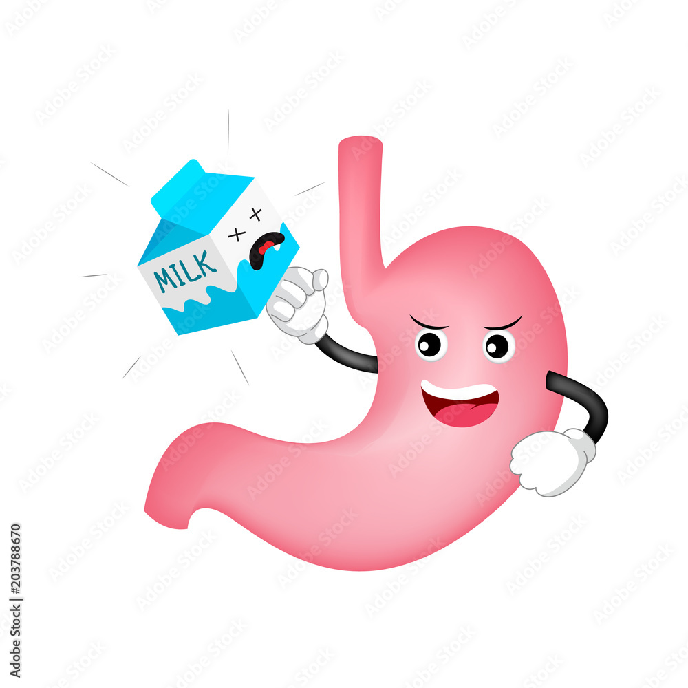 Cute cartoon stomach character punching box of milk. Milk is bad for