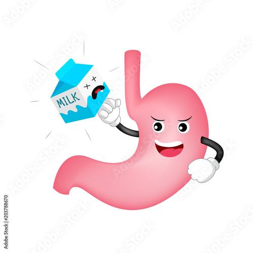 Cute cartoon stomach character punching box of milk. Milk is bad for stomach concept. Illustration isolated on white background.