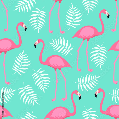 Seamless trendy tropical pattern with pink flamingo birds and tropic areca leaves on mint green background. Vector illustration