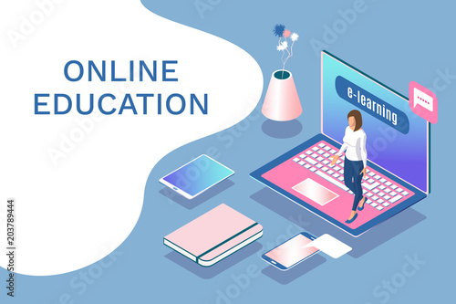 Isometric vector illustration with woman character, monitor, tablet and smartphone. Online education concept. Process of e-learning using digital technology, website and app.