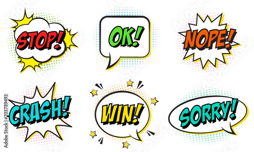 Retro comic speech bubbles set on white background. Expression text STOP, OK, NOPE, CRASH, WIN, SORRY. Vector illustration, pop art style.