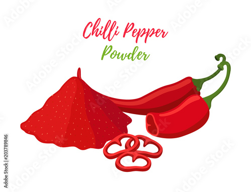 Vector red hot chilli pepper powder in pile with slices