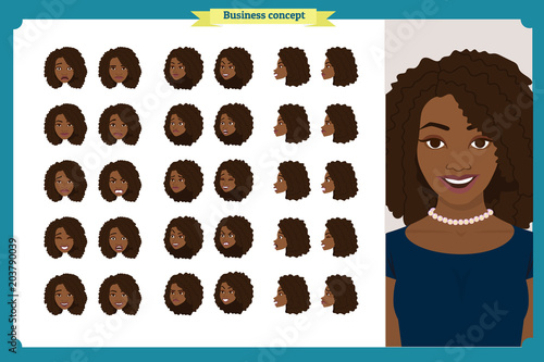 Set of woman's emotions design. Facial expression. Girl Avatar.Front, side, profile view animated character. Vector illustration of a cartoon style.Business girl character creation set