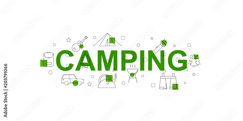 Camping vector banner. Word with line icon. Vector background