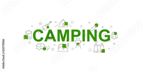 Camping vector banner. Word with line icon. Vector background