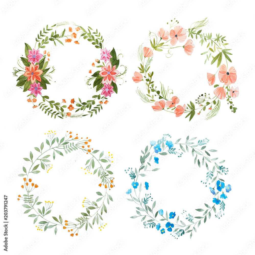 Aquarelle painting of floral wreath made of wild flowers isolated on white background